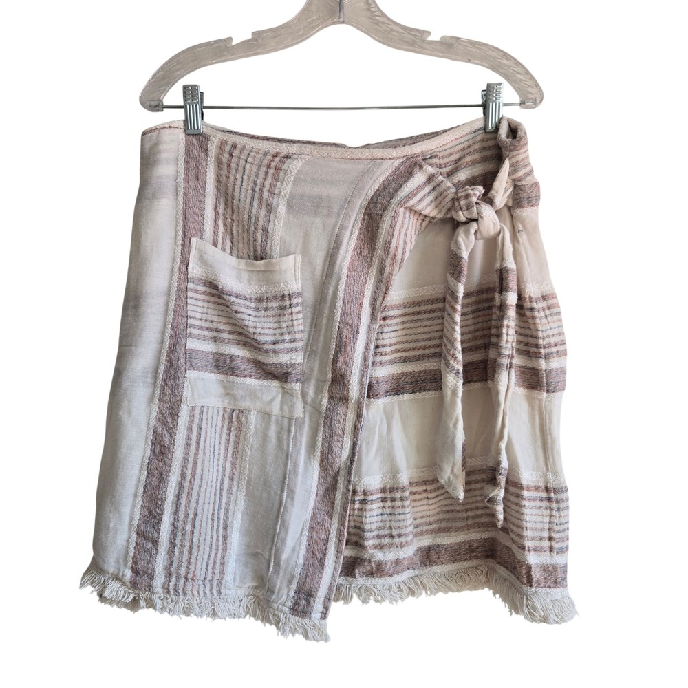 Holding‎ Horses 14 Wrap Skirt Womens Cream Striped Cotton Blend Fringe